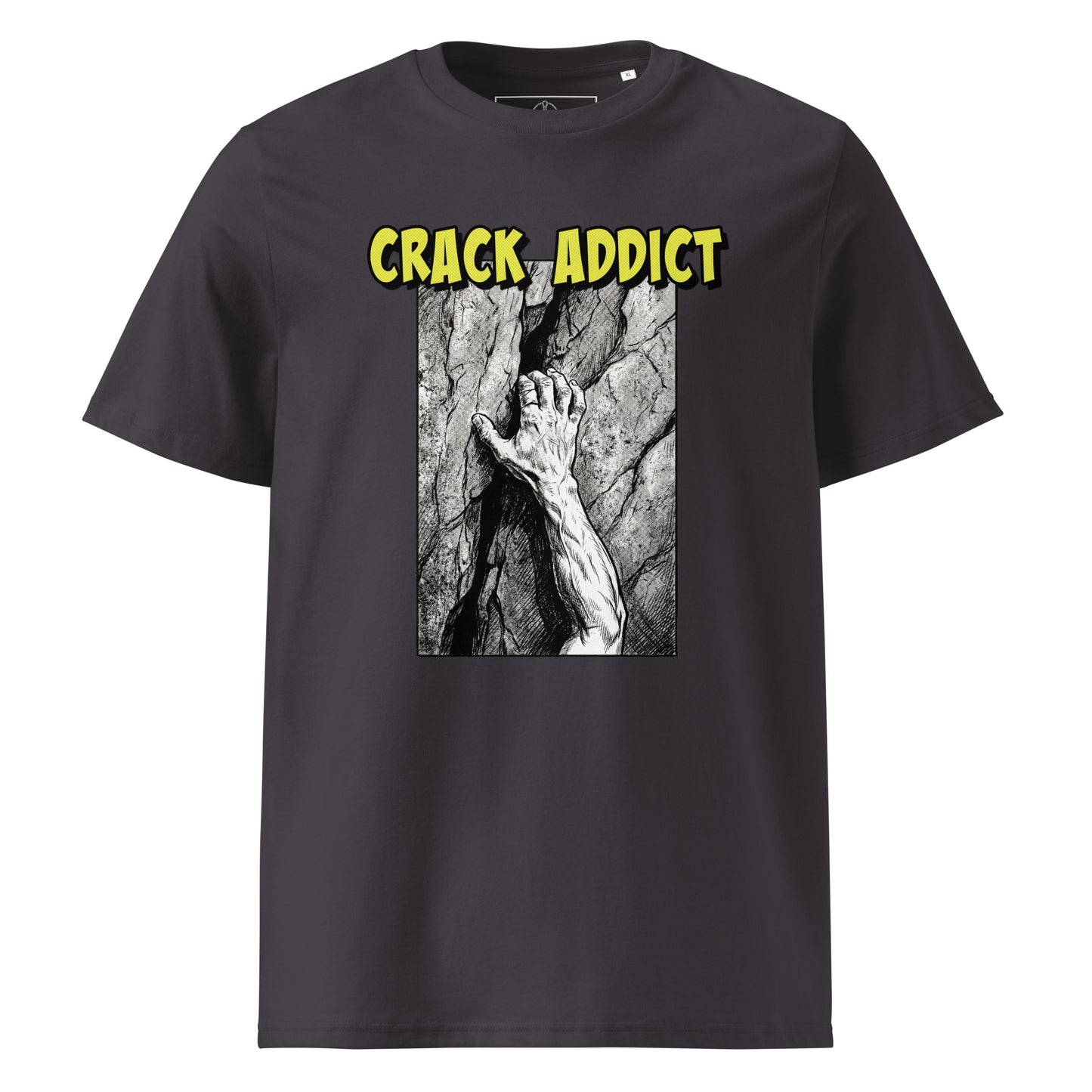 Unisex heavyweight organic cotton t-shirt in anthracite featuring Crack Addict Hand Jam design by Knot Qualified.