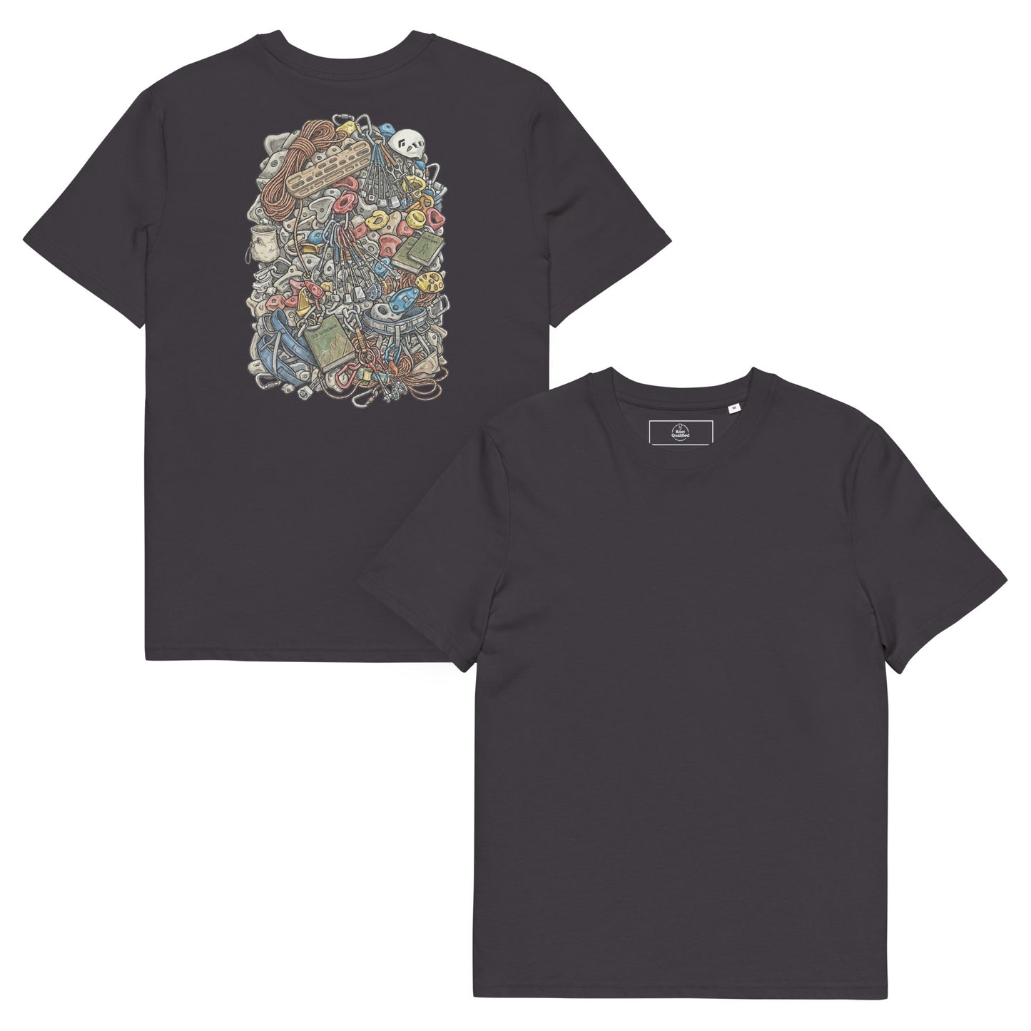 Unisex organic cotton T-shirt in anthracite featuring technical climbing gear illustration on back, by Knot Qualified.