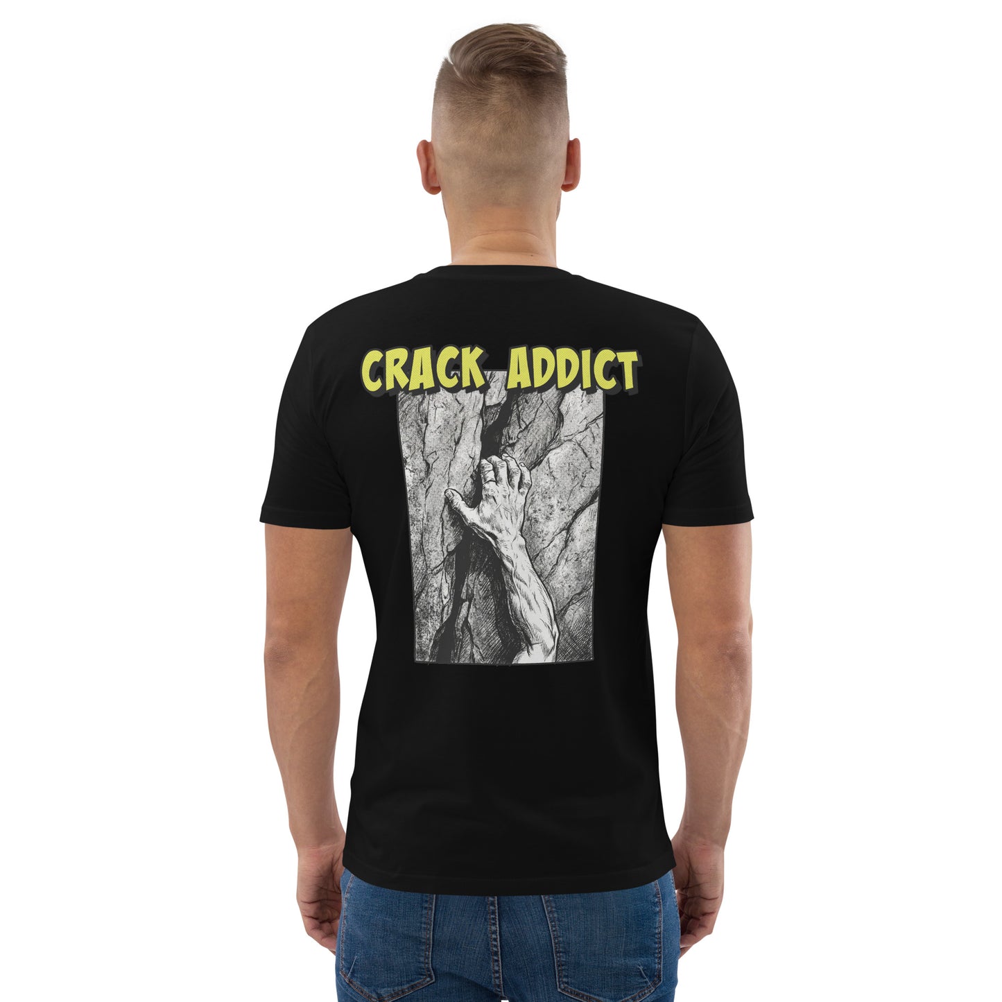 Black heavyweight organic cotton climbing tee with "Crack Addict" backprint by Knot Qualified. Unisex fit.