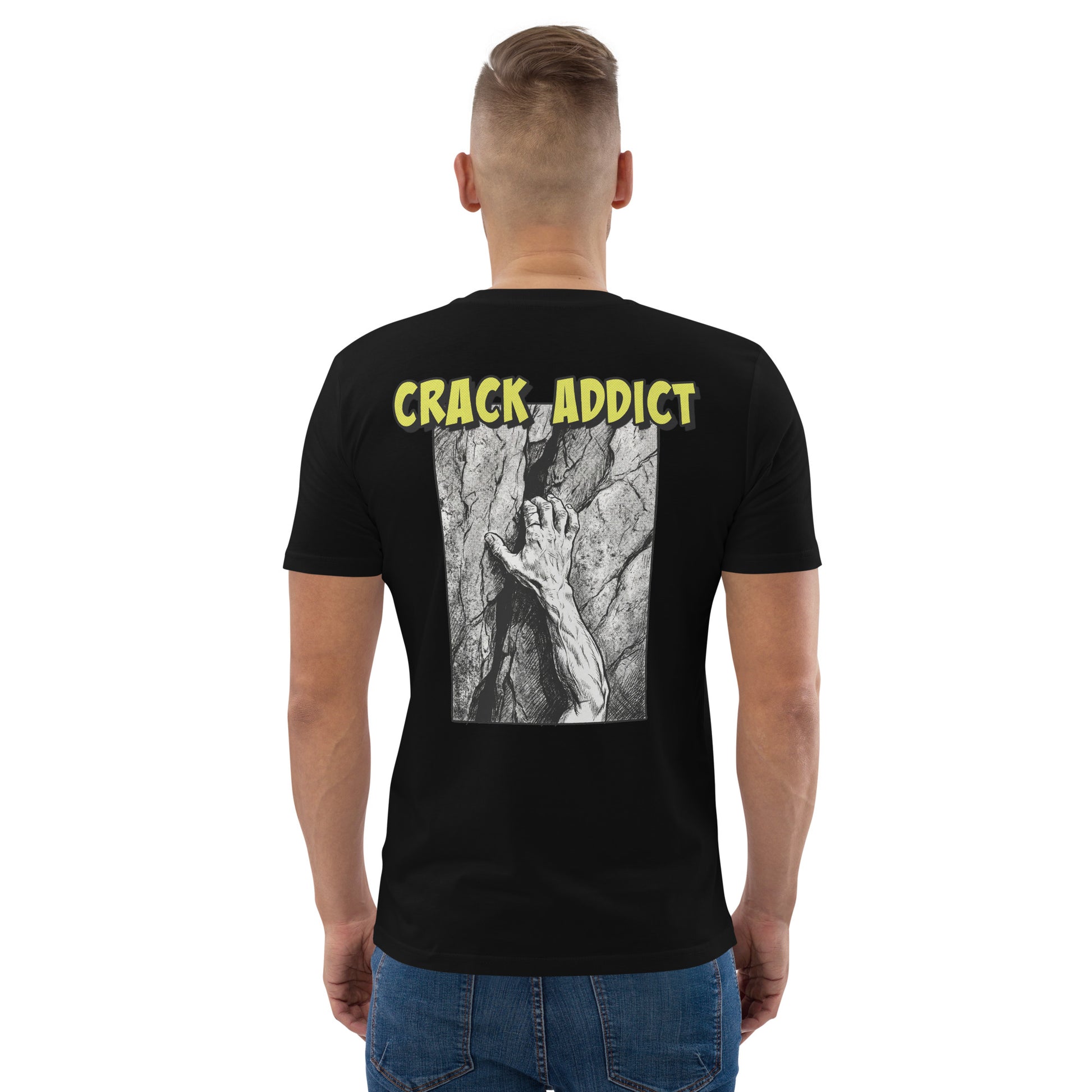 Black heavyweight organic cotton climbing tee with "Crack Addict" backprint by Knot Qualified. Unisex fit.