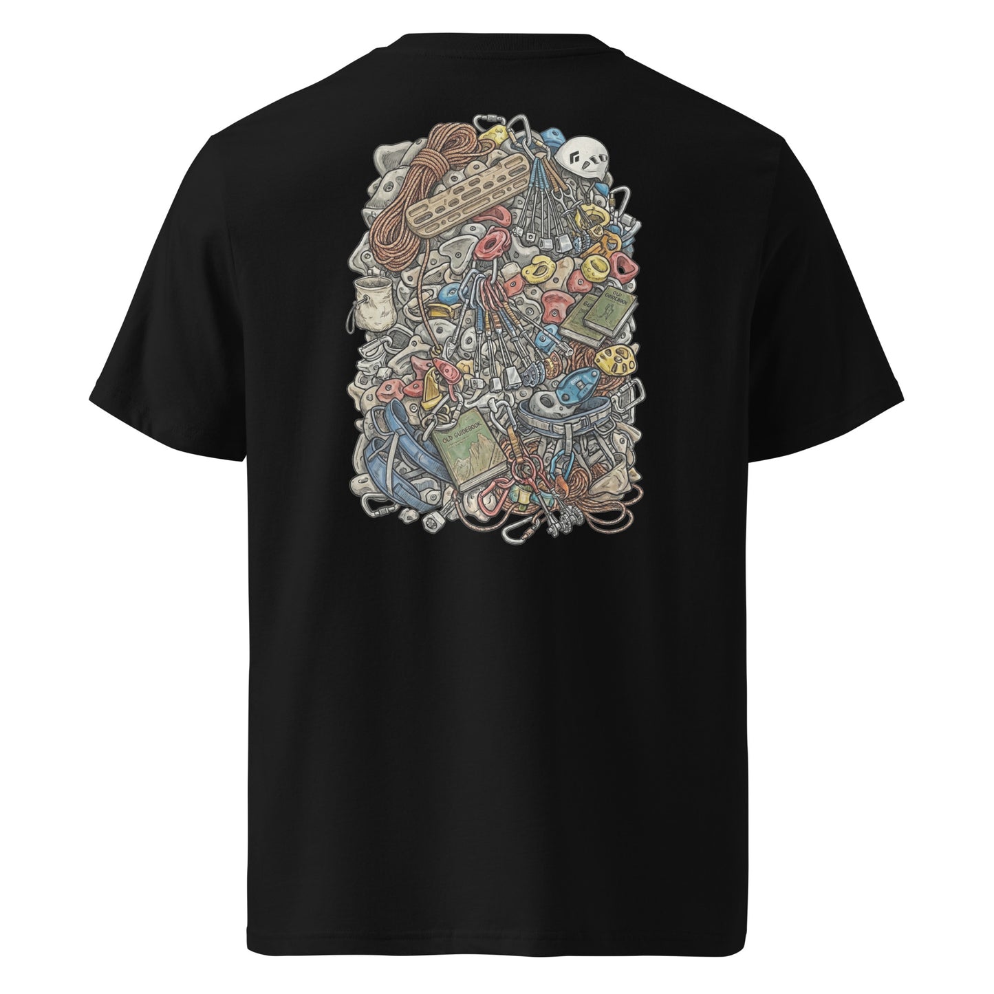 Black unisex organic cotton T-shirt featuring a technical climbing gear illustration on the back by Knot Qualified.