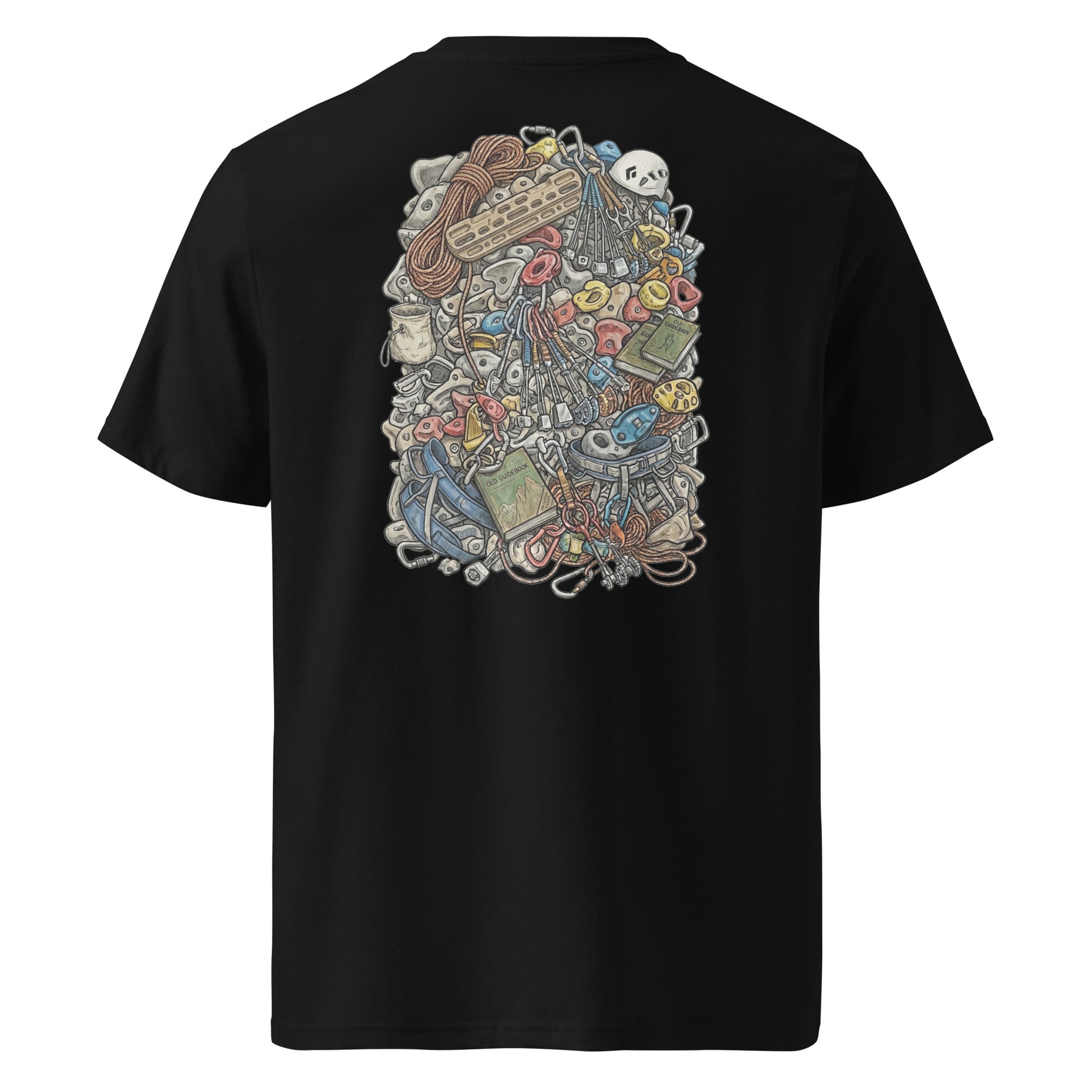 Black unisex organic cotton T-shirt featuring a technical climbing gear illustration on the back by Knot Qualified.