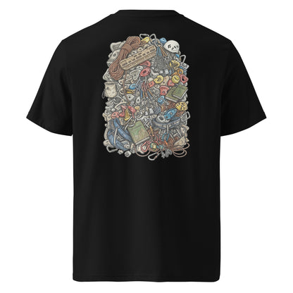 Black unisex organic cotton T-shirt featuring a technical climbing gear illustration on the back by Knot Qualified.