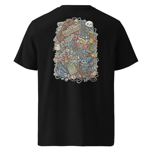 Black unisex organic cotton T-shirt featuring a technical climbing gear illustration on the back by Knot Qualified.