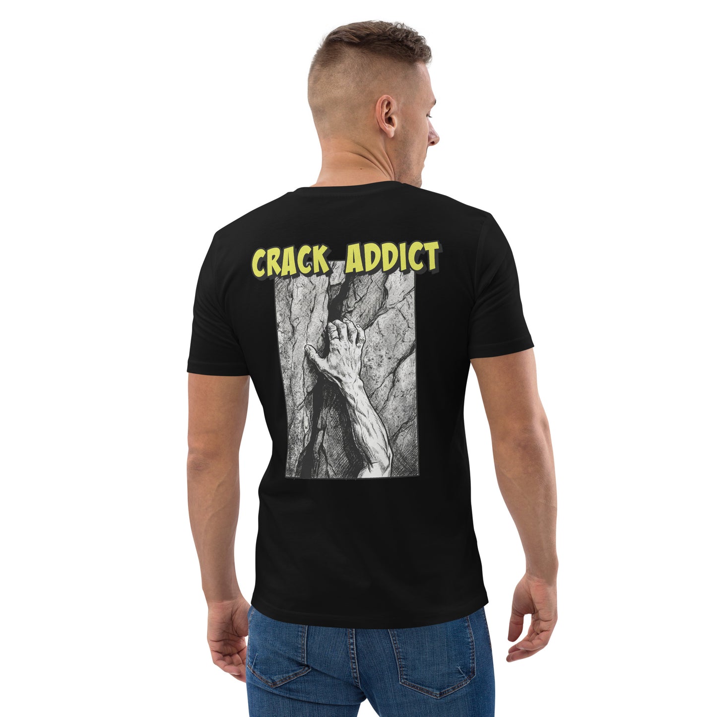 Black unisex heavyweight organic cotton climbing tee with "Crack Addict" backprint by Knot Qualified.