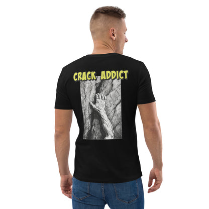 Black unisex heavyweight organic cotton climbing tee with "Crack Addict" backprint by Knot Qualified.