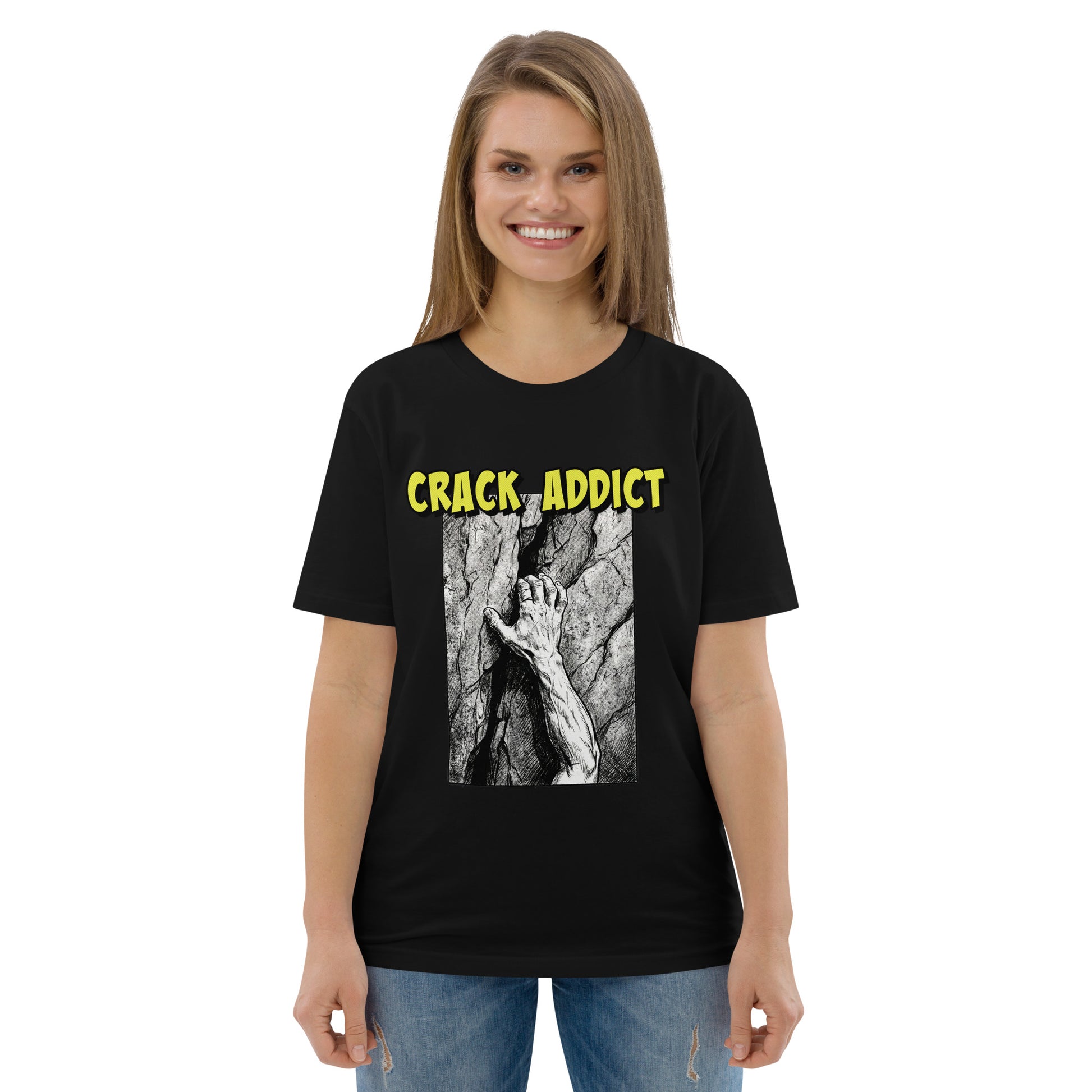 Black Crack Addict Hand Jam T-Shirt by Knot Qualified, showcasing a heavyweight organic cotton fabric for climbing enthusiasts.