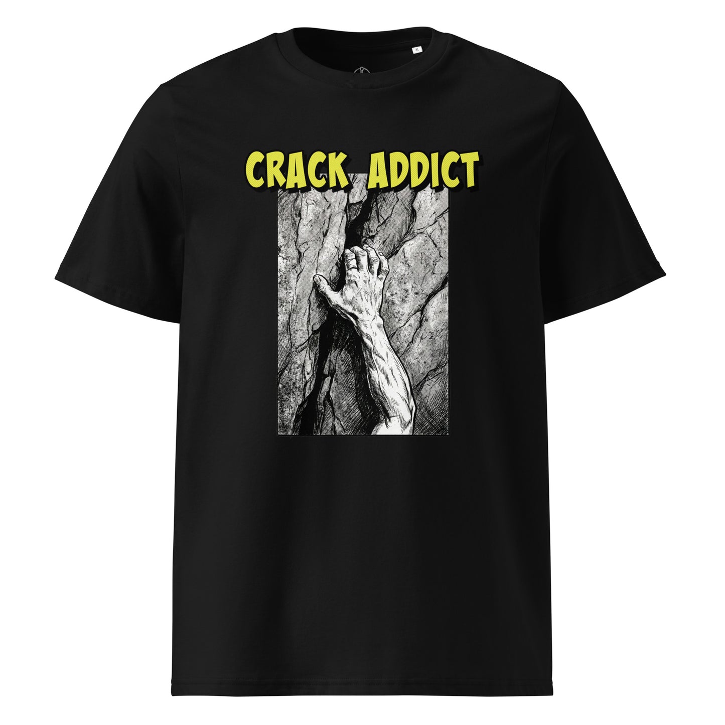 Black Crack Addict Hand Jam T-Shirt by Knot Qualified, featuring a heavyweight organic cotton fabric and unisex design.