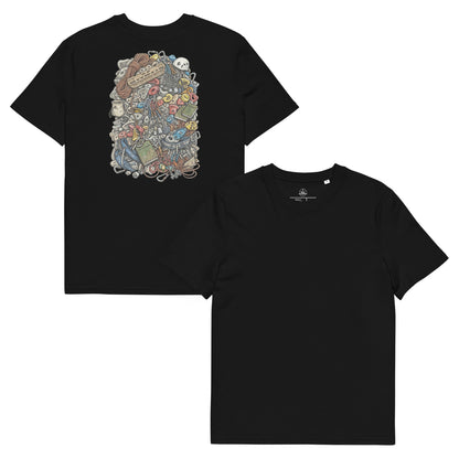 Black unisex organic cotton T-shirt featuring a technical climbing gear illustration on the back by Knot Qualified.