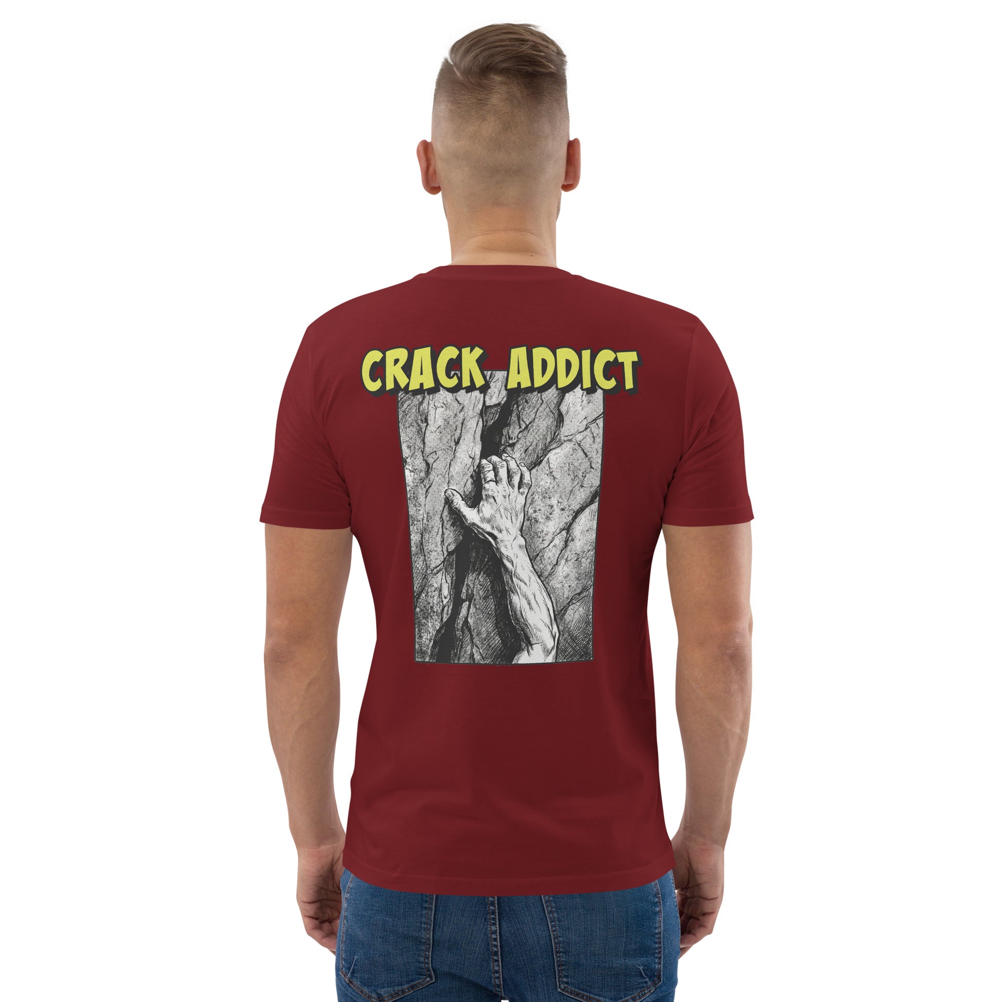 Burgundy heavyweight organic cotton climbing tee featuring 'Crack Addict' backprint by Knot Qualified.