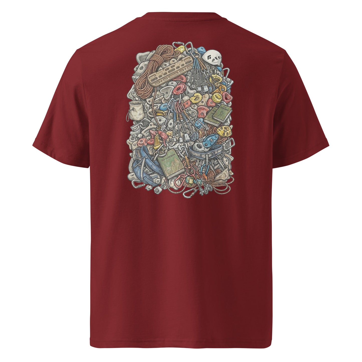 Burgundy unisex organic cotton t-shirt featuring a technical climbing gear illustration on the back.
