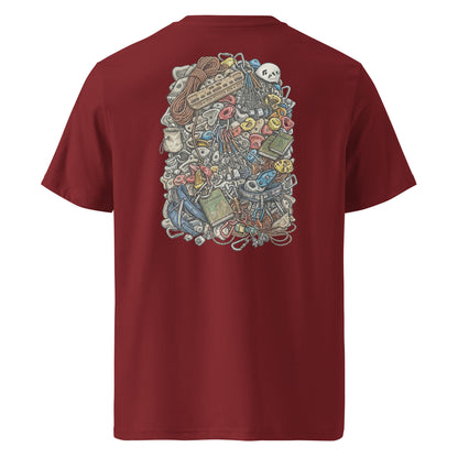 Burgundy unisex organic cotton t-shirt featuring a technical climbing gear illustration on the back.