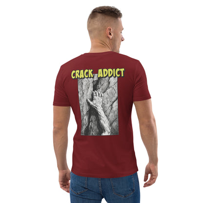 Burgundy heavyweight organic cotton climbing tee with "Crack Addict" backprint by Knot Qualified. Unisex design.