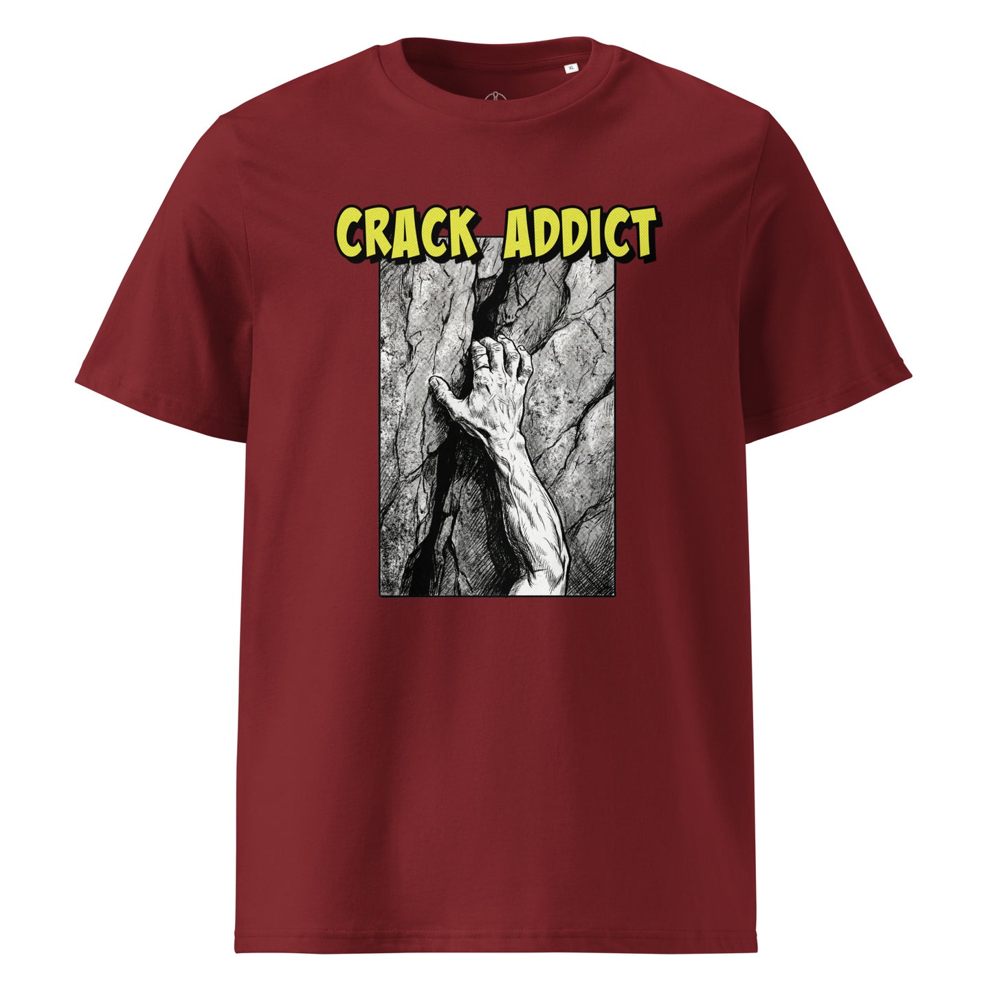 Burgundy heavyweight organic cotton T-shirt featuring Crack Addict Hand Jam design by Knot Qualified, front view.
