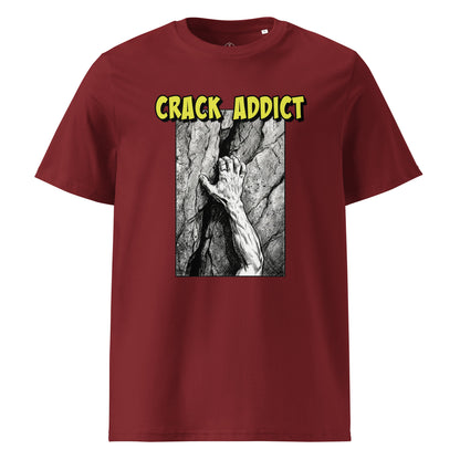 Burgundy heavyweight organic cotton T-shirt featuring Crack Addict Hand Jam design by Knot Qualified, front view.