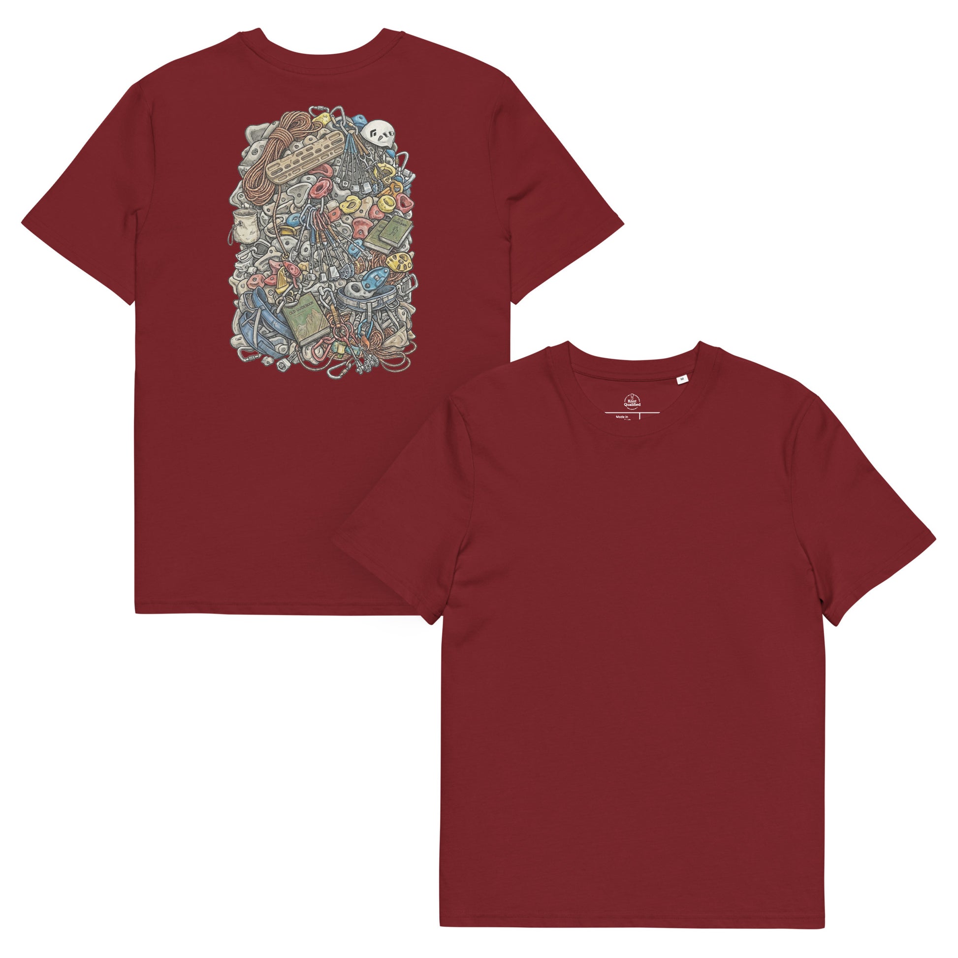 Burgundy unisex organic cotton T-shirt featuring a technical climbing gear illustration on the back.