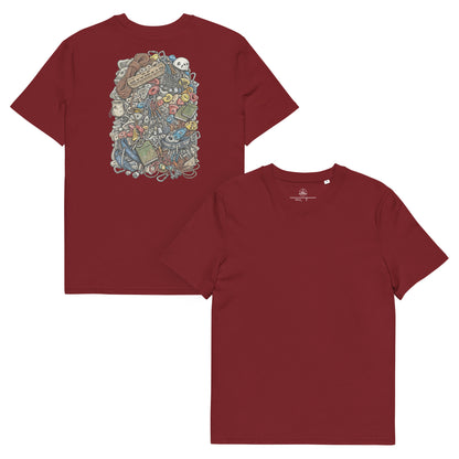 Burgundy unisex organic cotton T-shirt featuring a technical climbing gear illustration on the back.
