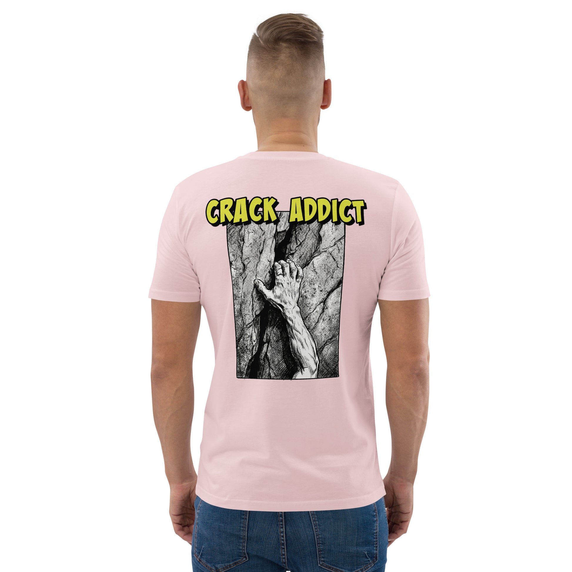 Knot Qualified heavyweight organic cotton tee in pink featuring a backprint design for climbing enthusiasts.