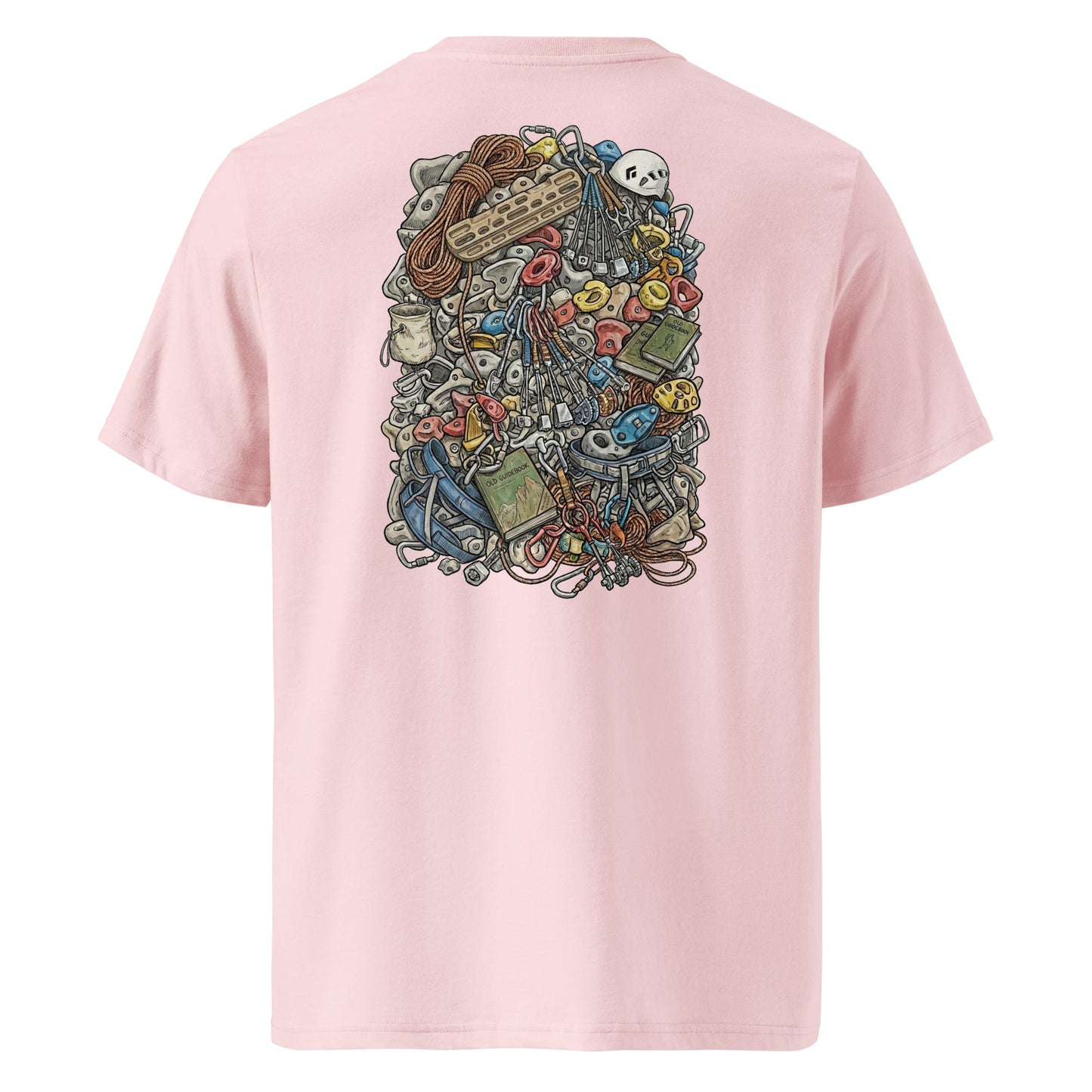 Unisex pink organic cotton T-shirt featuring a technical climbing gear illustration on the back by Knot Qualified.