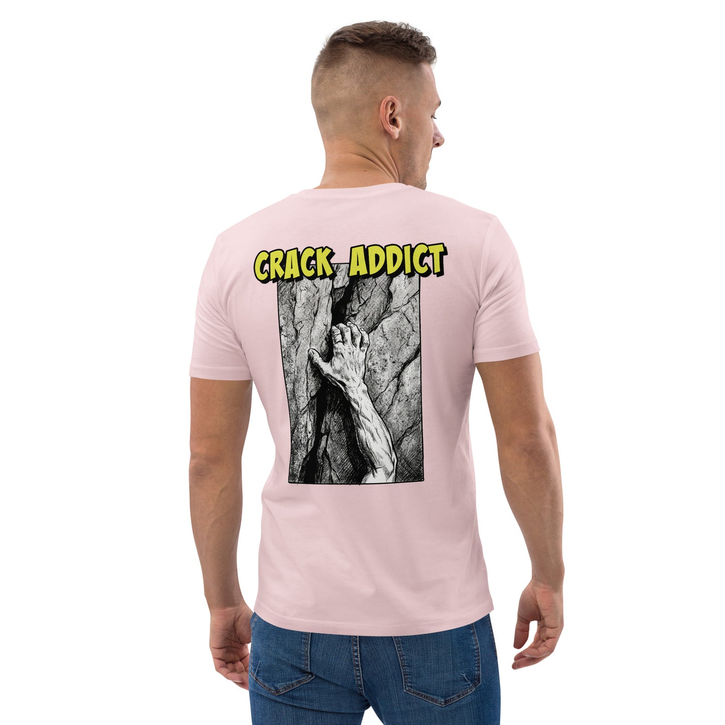Unisex pink heavyweight organic cotton climbing tee featuring "Crack Addict" backprint by Knot Qualified.