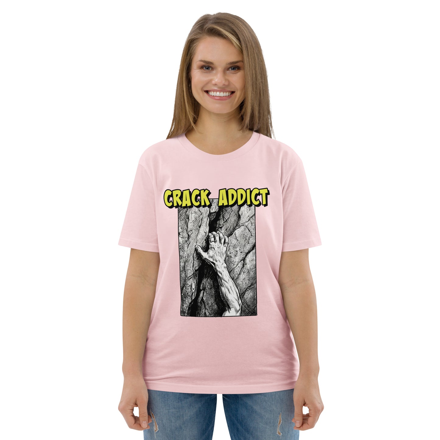 Front view of the Knot Qualified Crack Addict Hand Jam T-Shirt in pink, made from heavyweight organic cotton.