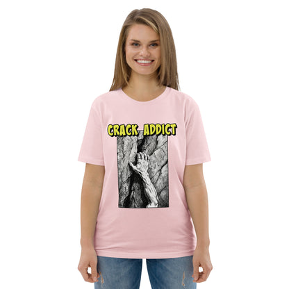 Front view of the Knot Qualified Crack Addict Hand Jam T-Shirt in pink, made from heavyweight organic cotton.