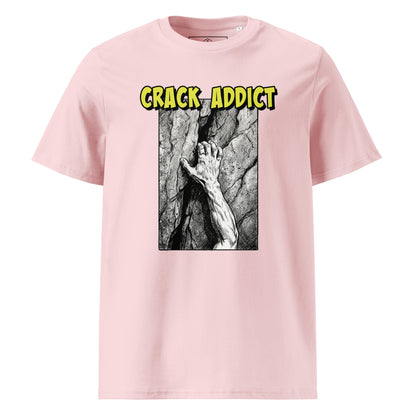 Pink heavyweight organic cotton T-shirt featuring "Crack Addict Hand Jam" design by Knot Qualified for climbers.