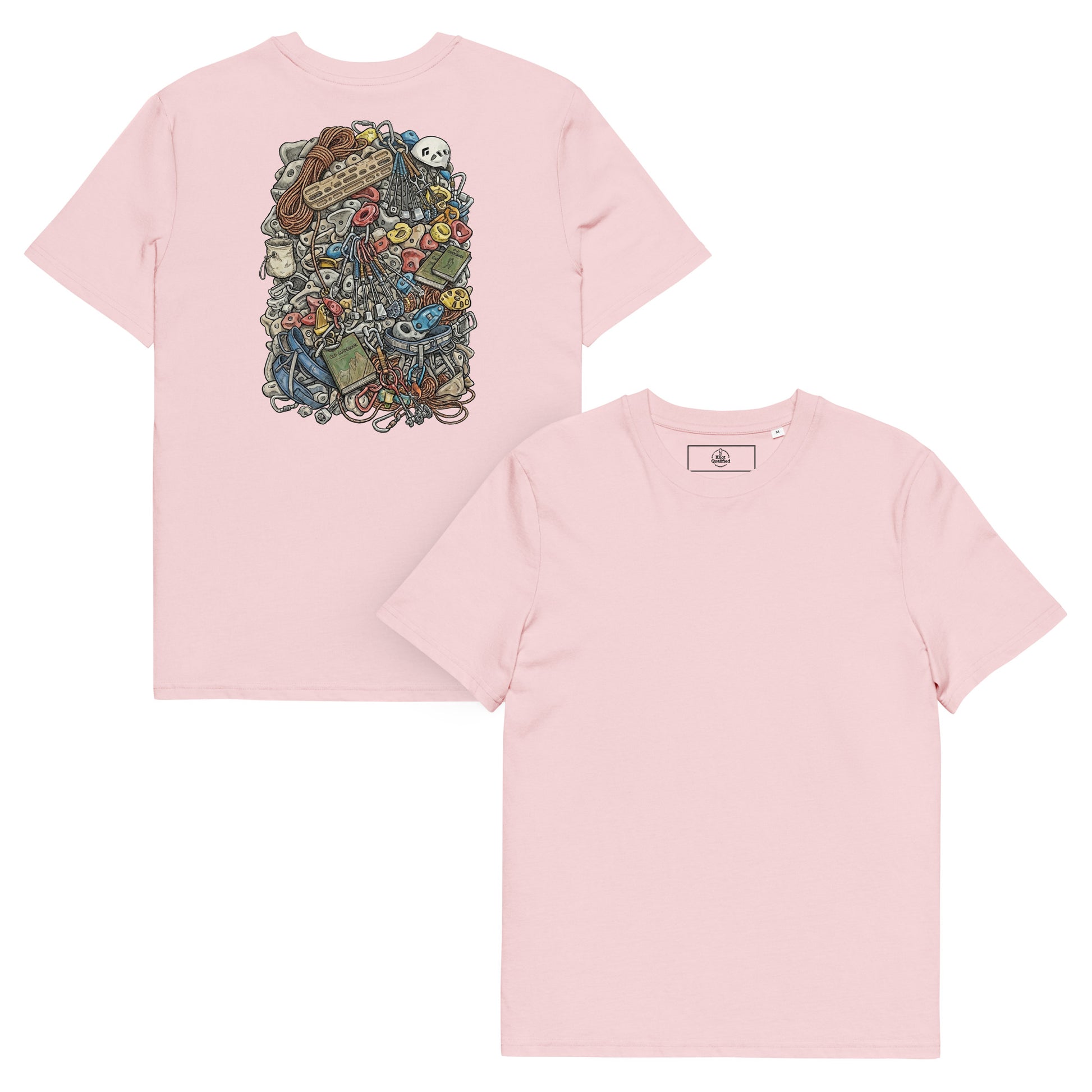 Unisex organic cotton T-shirt in pink featuring a technical climbing gear illustration backprint by Knot Qualified.