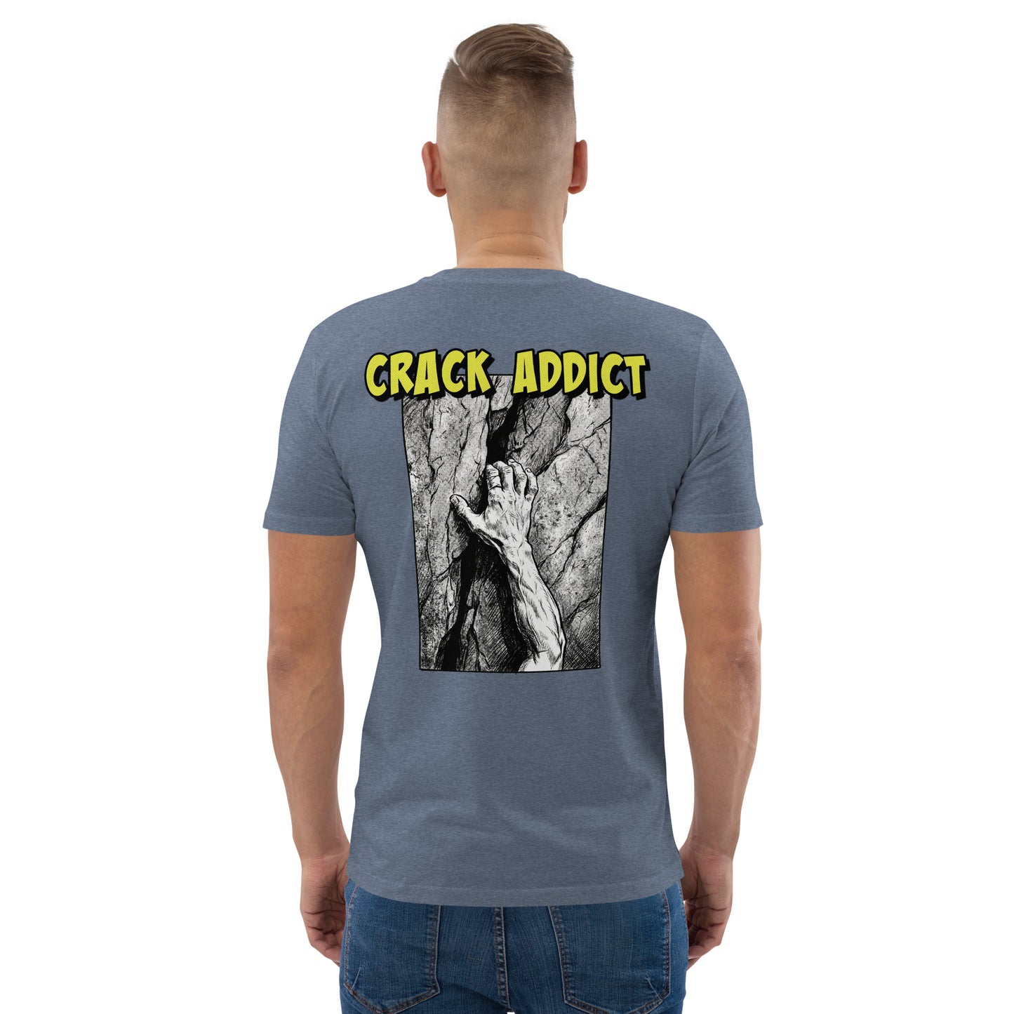 Dark heather blue heavyweight organic cotton t-shirt featuring backprint design from Knot Qualified for climbers.