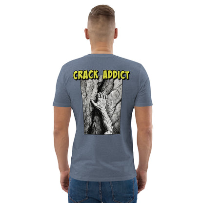 Dark heather blue heavyweight organic cotton t-shirt featuring backprint design from Knot Qualified for climbers.