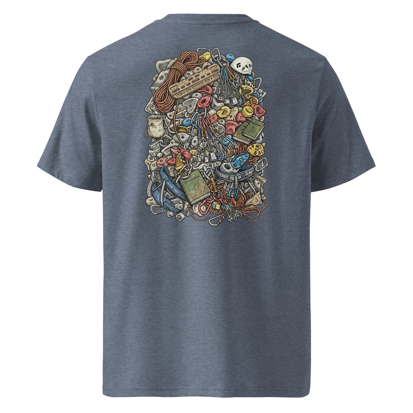 Dark heather blue unisex organic cotton T-shirt with technical climbing gear illustration backprint by Knot Qualified.
