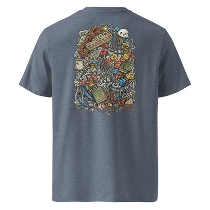 Dark heather blue unisex organic cotton T-shirt with technical climbing gear illustration backprint by Knot Qualified.