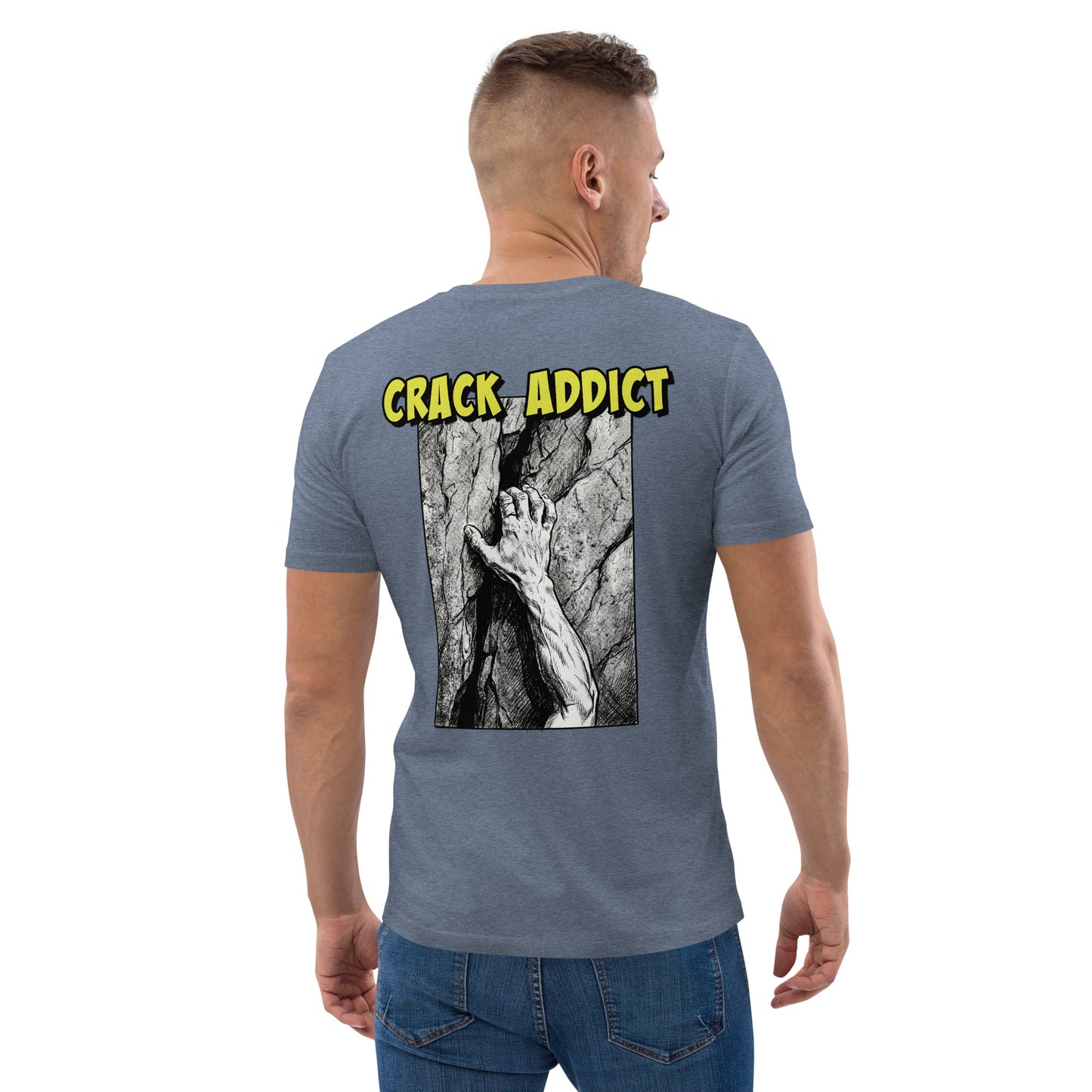 Unisex dark heather blue Crack Addict backprint climbing tee by Knot Qualified, made from heavyweight organic cotton.