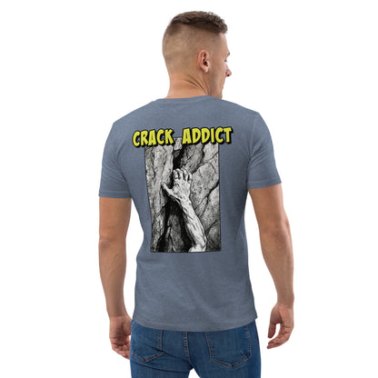 Unisex dark heather blue Crack Addict backprint climbing tee by Knot Qualified, made from heavyweight organic cotton.