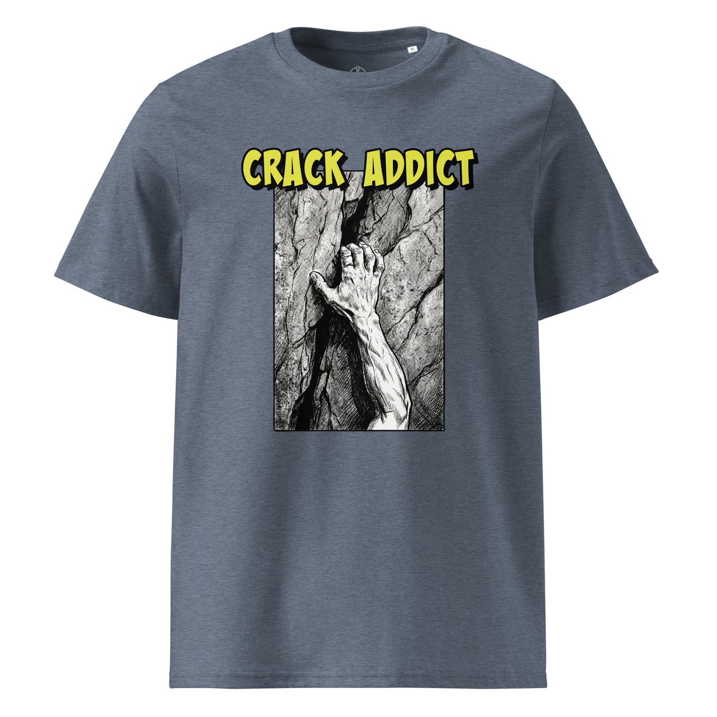 Dark heather blue Crack Addict Hand Jam T-Shirt by Knot Qualified, featuring a casual unisex design for climbing enthusiasts.