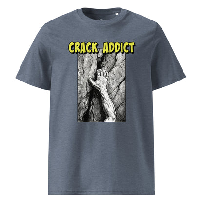 Dark heather blue Crack Addict Hand Jam T-Shirt by Knot Qualified, featuring a casual unisex design for climbing enthusiasts.