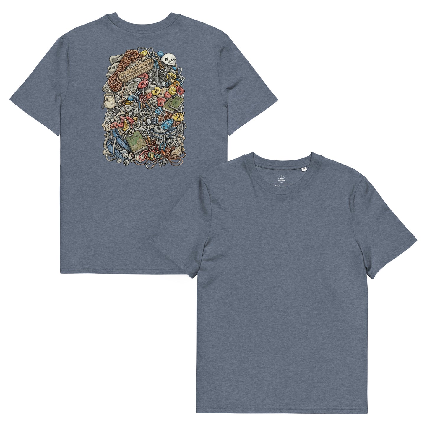 Unisex dark heather blue organic cotton T-shirt with technical climbing gear illustration on back by Knot Qualified.