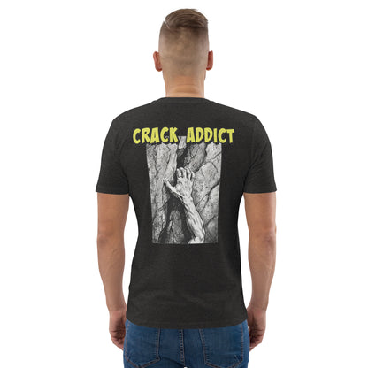 Unisex heavyweight organic cotton climbing tee in dark heather grey with "Crack Addict" backprint by Knot Qualified.