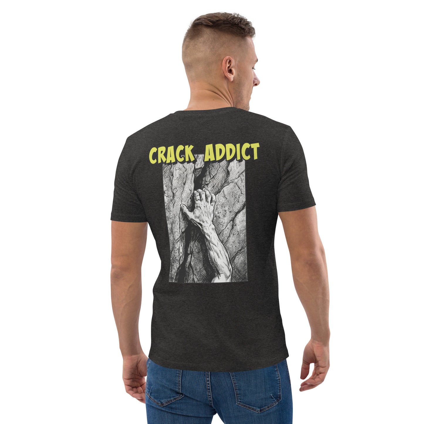 Knot Qualified heavyweight organic cotton climbing tee in dark heather grey with a backprint design.