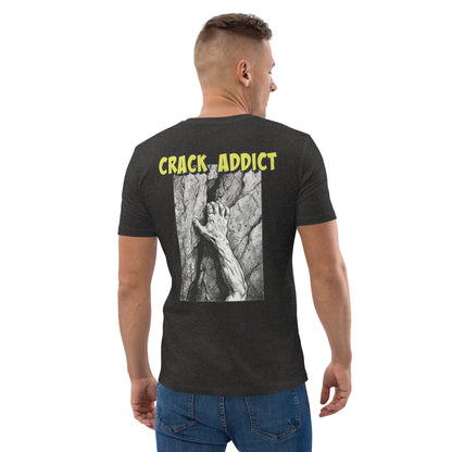 Knot Qualified heavyweight organic cotton climbing tee in dark heather grey with a backprint design.