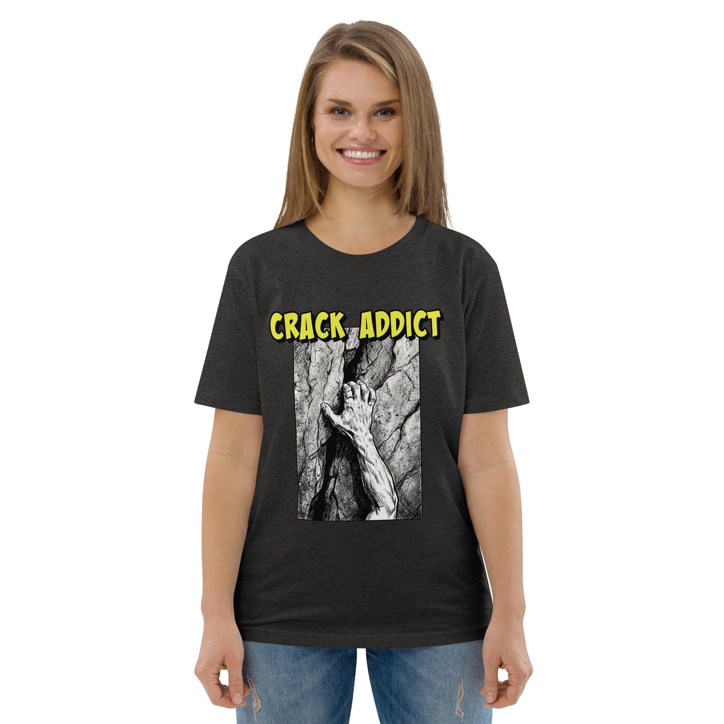 Dark heather grey Crack Addict Hand Jam T-Shirt by Knot Qualified, featuring a unisex fit and organic cotton fabric.