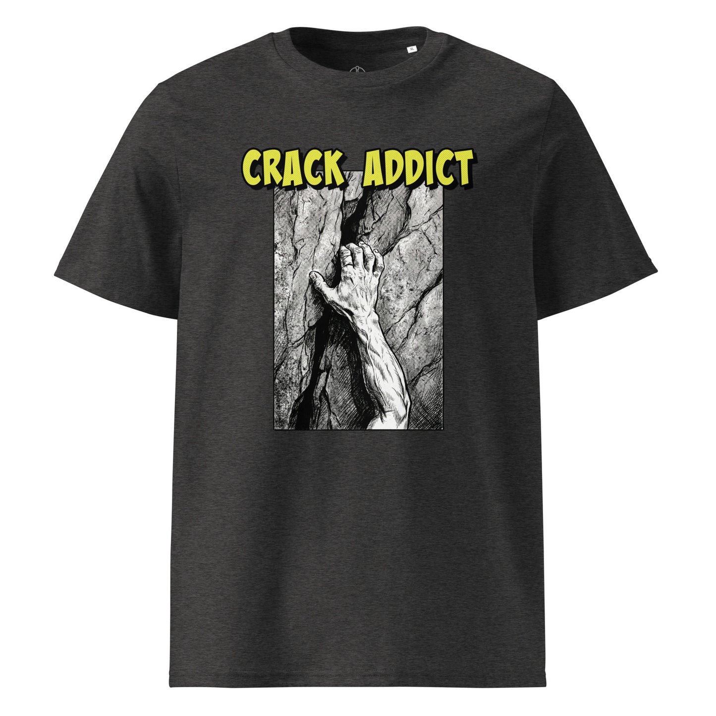 Unisex dark heather grey Crack Addict Hand Jam T-Shirt by Knot Qualified, made from heavyweight organic cotton.