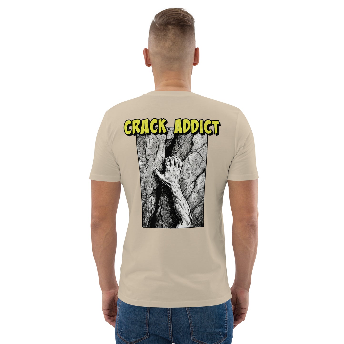 Unisex Knot Qualified Crack Addict backprint climbing tee in heavyweight organic cotton, displayed in desert dust color.