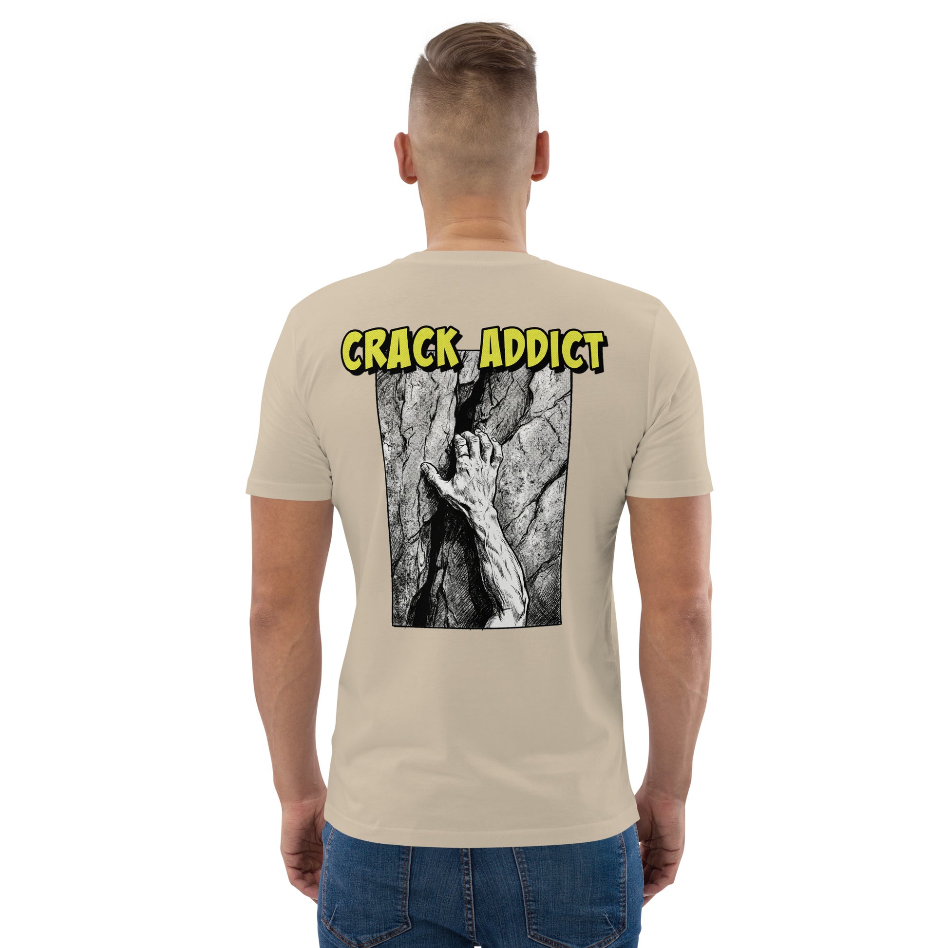 Unisex Knot Qualified Crack Addict backprint climbing tee in heavyweight organic cotton, displayed in desert dust color.