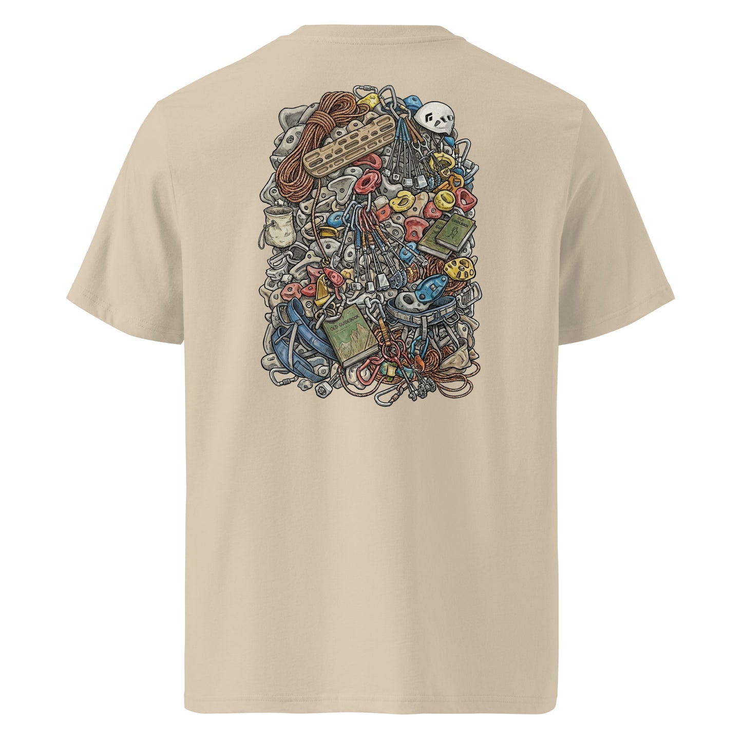 Unisex organic cotton t-shirt in desert dust with technical climbing gear illustration on back by Knot Qualified.