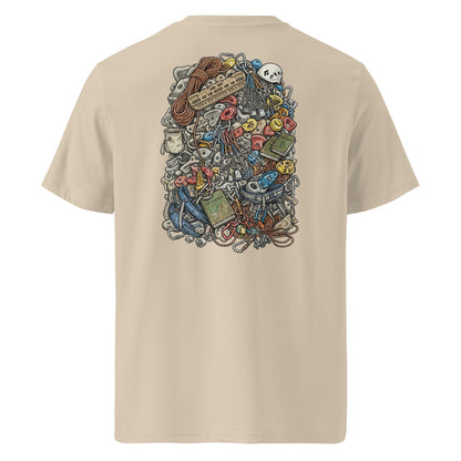 Unisex organic cotton t-shirt in desert dust with technical climbing gear illustration on back by Knot Qualified.