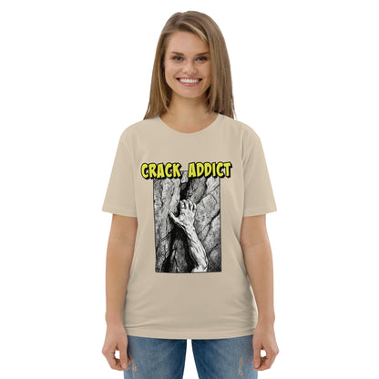 Unisex heavyweight organic cotton T-shirt in desert dust featuring "Crack Addict Hand Jam" graphic by Knot Qualified.