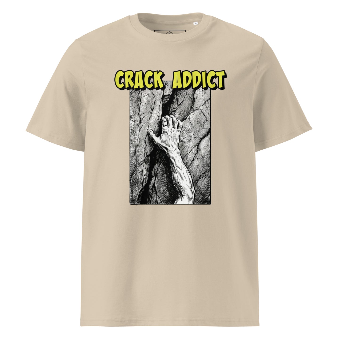 Unisex heavyweight organic cotton t-shirt in desert dust with "Crack Addict Hand Jam" graphic by Knot Qualified.
