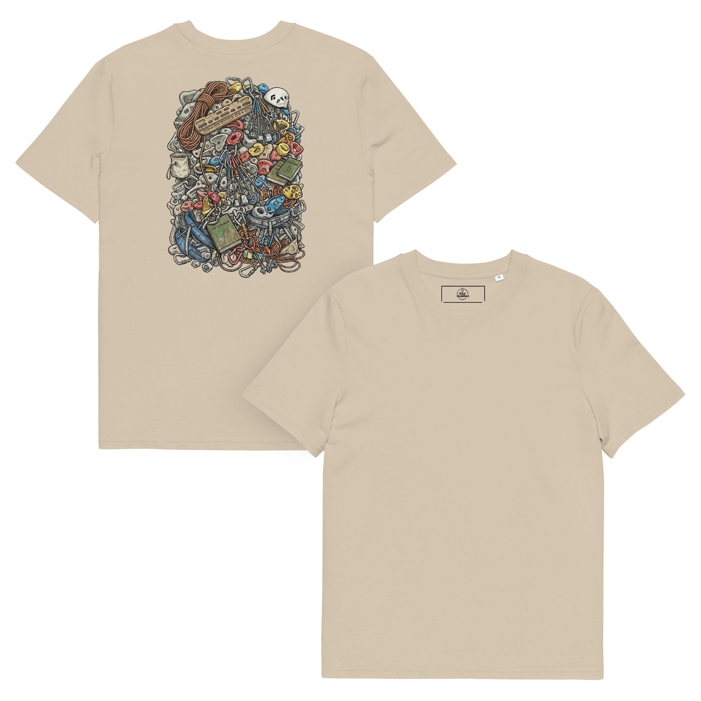 Unisex organic cotton T-shirt in desert dust with technical climbing gear illustration on back by Knot Qualified.