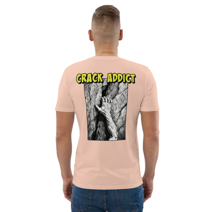 Unisex heavyweight organic cotton tee featuring "Crack Addict" backprint from Knot Qualified in peach color.